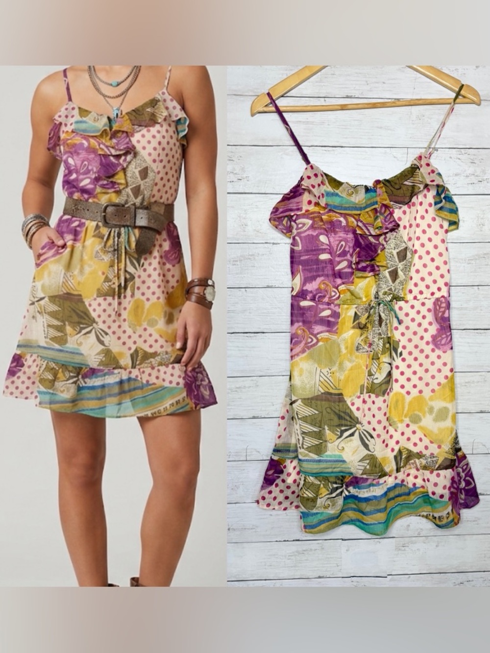 Daytrip Buckle BKE Patchwork Ruffle Mini Dress Small Y2K Boho Festival Sundress